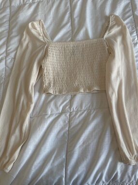 H&M Cream Smocked Square-Neck Crop Top with Long Puff Sleeves